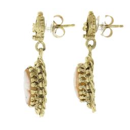 Vintage 14k Gold Fine Carved Shell Cameo W/ Twisted Wire Frame Dangle Earrings