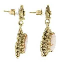 Vintage 14k Gold Fine Carved Shell Cameo W/ Twisted Wire Frame Dangle Earrings