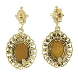 Vintage 14k Gold Fine Carved Shell Cameo W/ Twisted Wire Frame Dangle Earrings