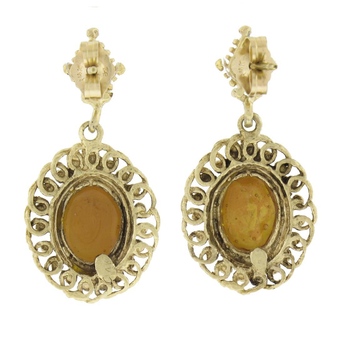 Vintage 14k Gold Fine Carved Shell Cameo W/ Twisted Wire Frame Dangle Earrings