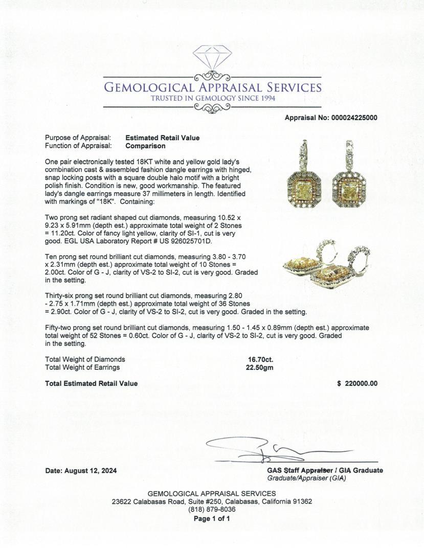 16.70 ct. EGL USA Fancy Light Yellow Diamond Dangle Earrings - 18KT White and Ye