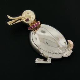 Retro Solid 14K Tri Gold 3D Duck Bird Pin Brooch w/ 0.20 ctw Round Brilliant Rub