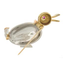 Retro Solid 14K Tri Gold 3D Duck Bird Pin Brooch w/ 0.20 ctw Round Brilliant Rub