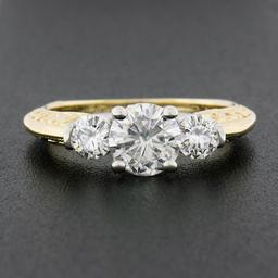 14K TT Gold Prong Round Brilliant Moissanite 3 Stone Scroll Work Engagement Ring