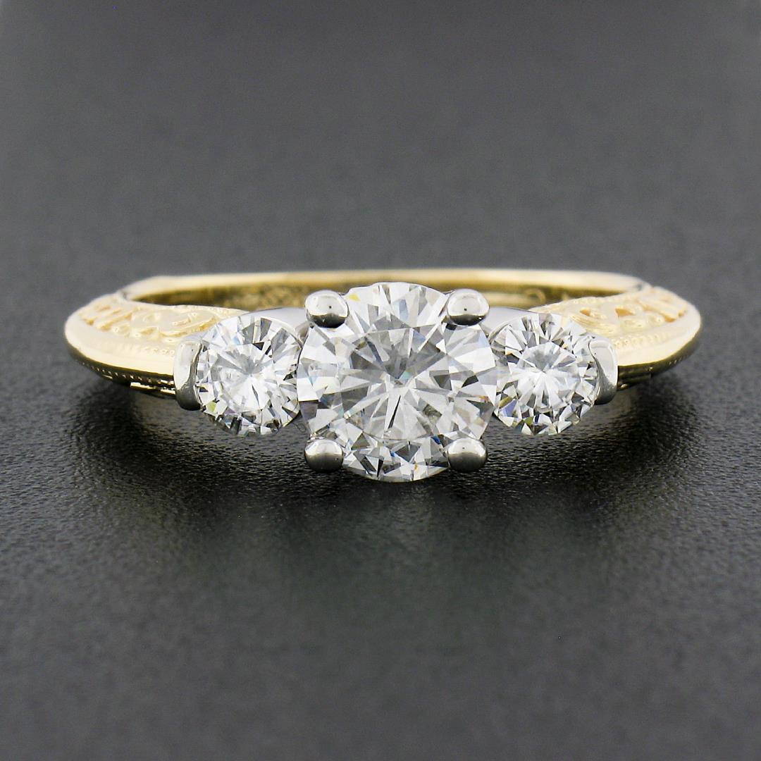 14K TT Gold Prong Round Brilliant Moissanite 3 Stone Scroll Work Engagement Ring
