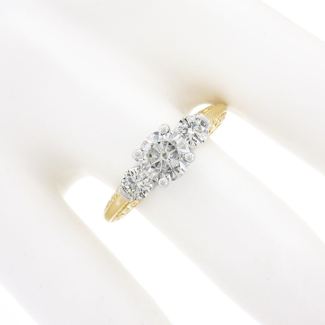 14K TT Gold Prong Round Brilliant Moissanite 3 Stone Scroll Work Engagement Ring