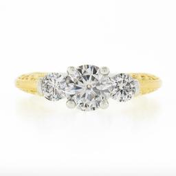 14K TT Gold Prong Round Brilliant Moissanite 3 Stone Scroll Work Engagement Ring