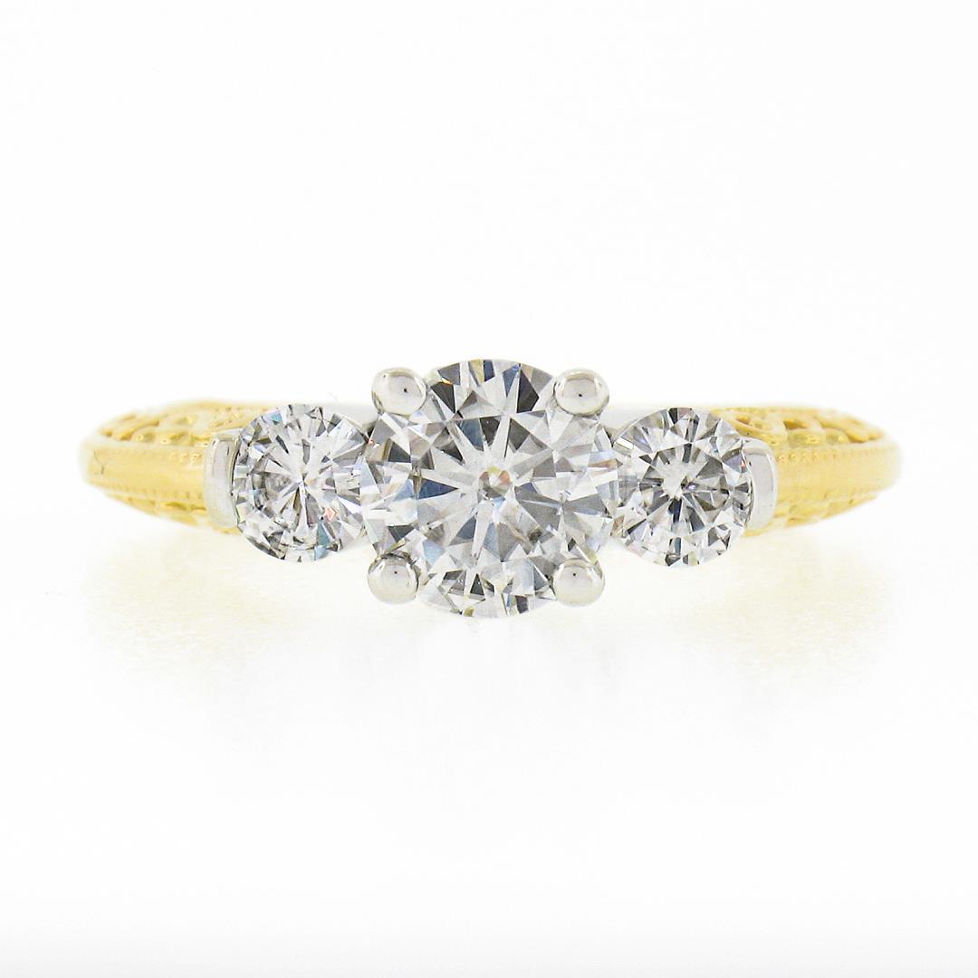 14K TT Gold Prong Round Brilliant Moissanite 3 Stone Scroll Work Engagement Ring