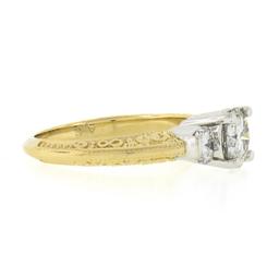 14K TT Gold Prong Round Brilliant Moissanite 3 Stone Scroll Work Engagement Ring