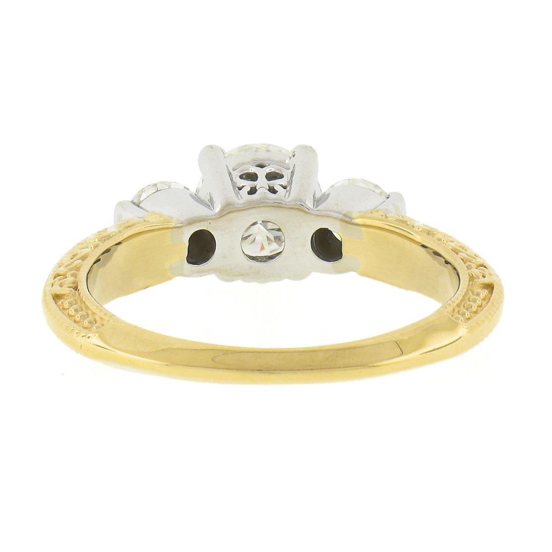 14K TT Gold Prong Round Brilliant Moissanite 3 Stone Scroll Work Engagement Ring