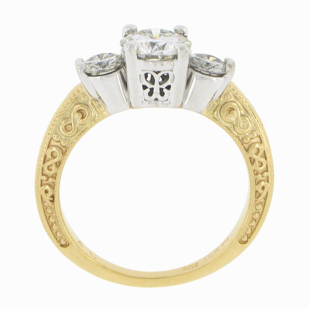 14K TT Gold Prong Round Brilliant Moissanite 3 Stone Scroll Work Engagement Ring