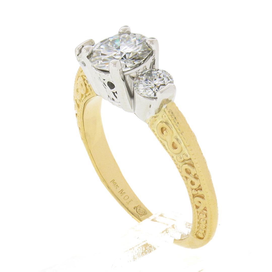 14K TT Gold Prong Round Brilliant Moissanite 3 Stone Scroll Work Engagement Ring