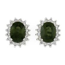 14K White Gold 3.98 ctw Oval Green Sapphire & Round Diamond Halo Stud Earrings