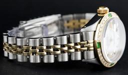 Rolex Ladies Quickset Two Tone White Diamond And Emerald Datejust Wristwatch