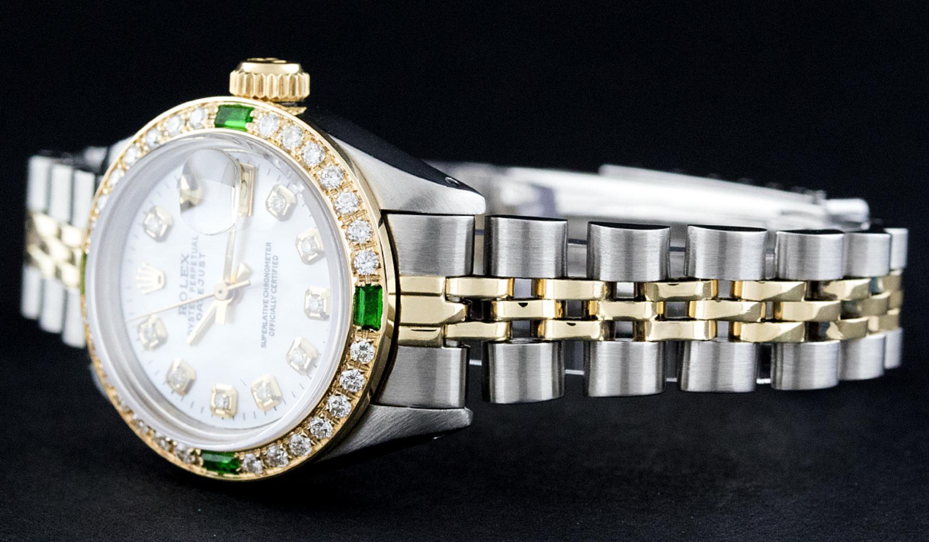 Rolex Ladies Quickset Two Tone White Diamond And Emerald Datejust Wristwatch