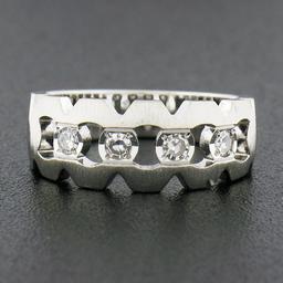 Vintage 14K White Gold Diamond Illusion Open Work Matte Finish Wide Band Ring
