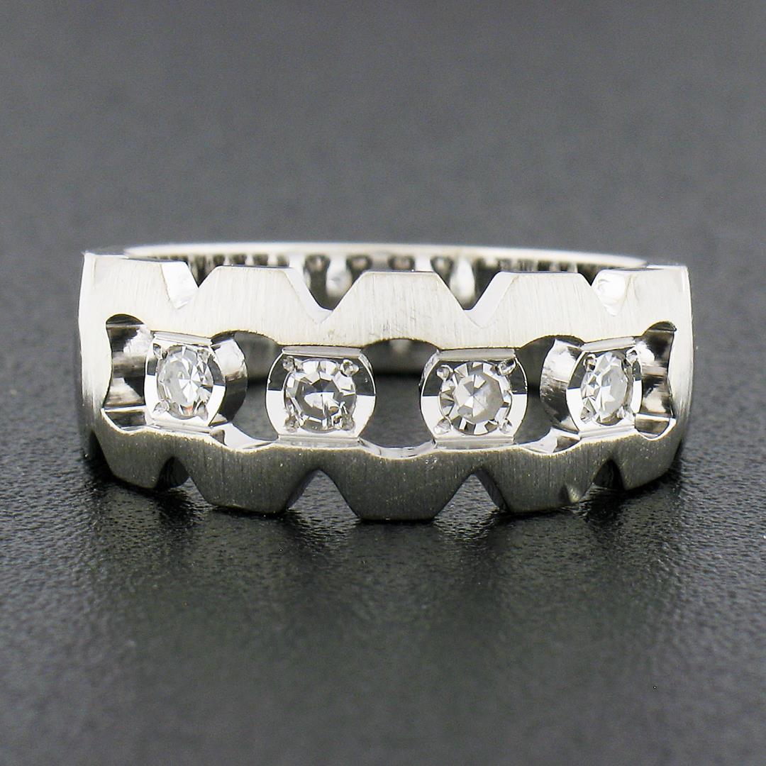Vintage 14K White Gold Diamond Illusion Open Work Matte Finish Wide Band Ring