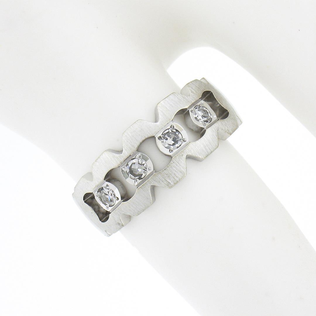 Vintage 14K White Gold Diamond Illusion Open Work Matte Finish Wide Band Ring