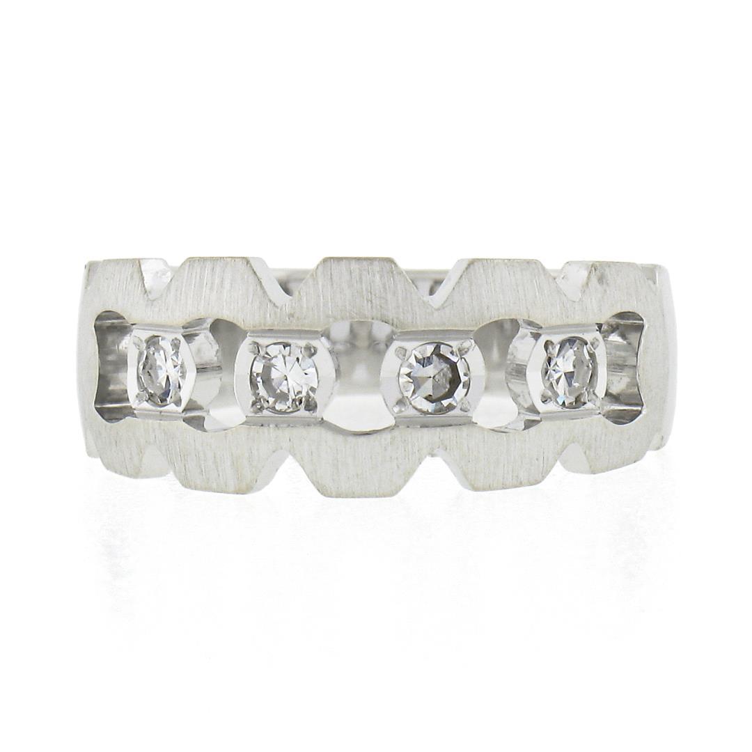 Vintage 14K White Gold Diamond Illusion Open Work Matte Finish Wide Band Ring