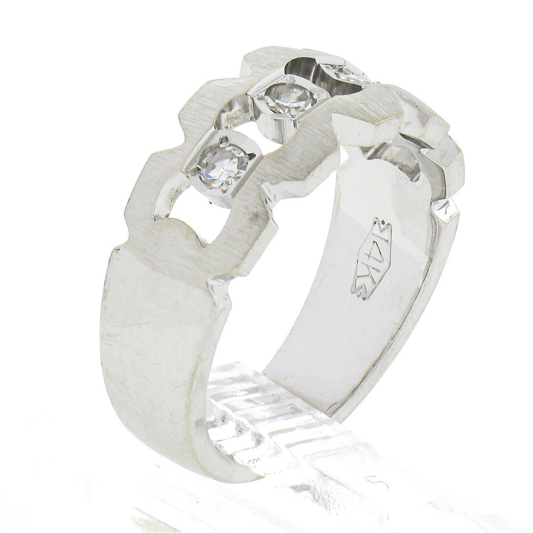 Vintage 14K White Gold Diamond Illusion Open Work Matte Finish Wide Band Ring