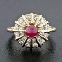 14k Gold 1.67 ctw Cabochon Ruby & Dual Round Channel Diamond Platter Cocktail Ri