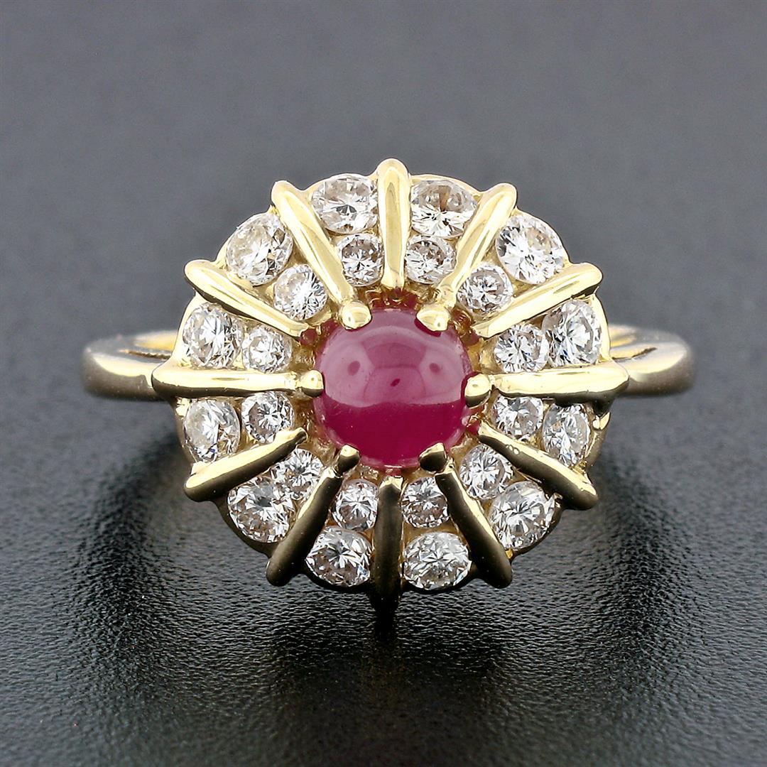 14k Gold 1.67 ctw Cabochon Ruby & Dual Round Channel Diamond Platter Cocktail Ri
