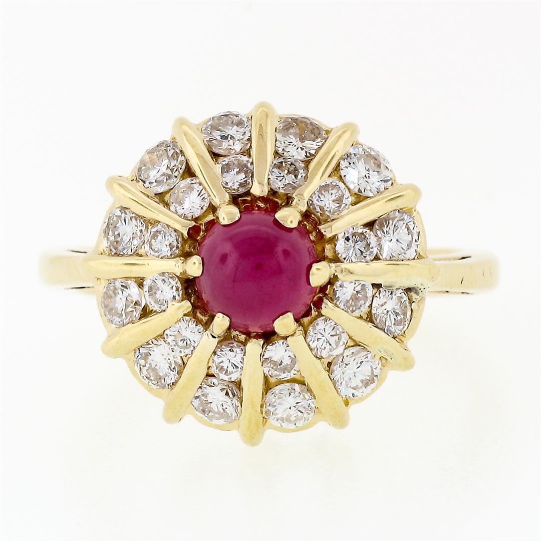 14k Gold 1.67 ctw Cabochon Ruby & Dual Round Channel Diamond Platter Cocktail Ri
