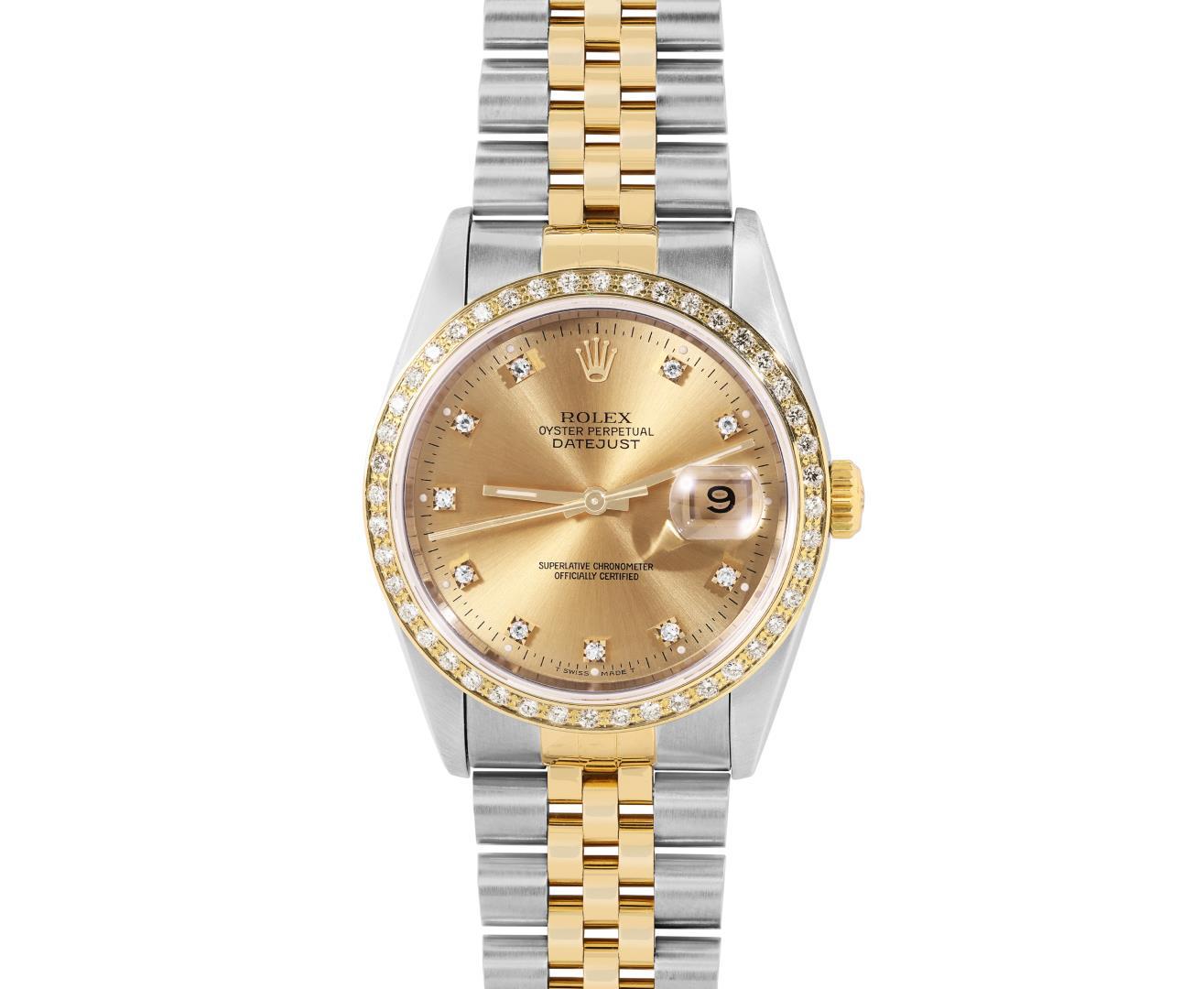 Rolex Mens Two Tone Sapphire Factory Champagne Diamond Dial Fluted Bezel Datejus
