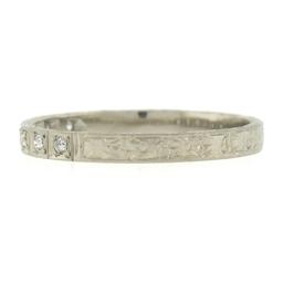 Antique 18K White Gold .08 ctw Pave Diamond Engraved Scroll Work Stack Band Ring