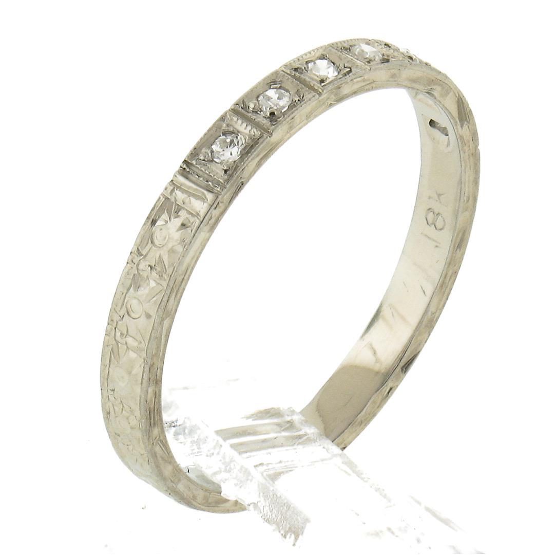 Antique 18K White Gold .08 ctw Pave Diamond Engraved Scroll Work Stack Band Ring