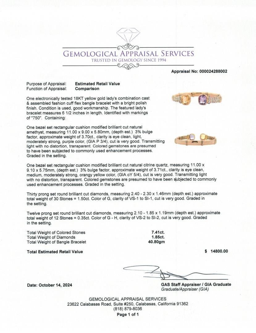 18KT Yellow Gold 9.26 ctw Amethyst, Citrine & Diamond Flex Bangle Bracelet