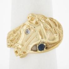 Estate 14K Yellow Gold Detailed Horse Head Band Ring w/ 0.10 Diamond & Sapphire