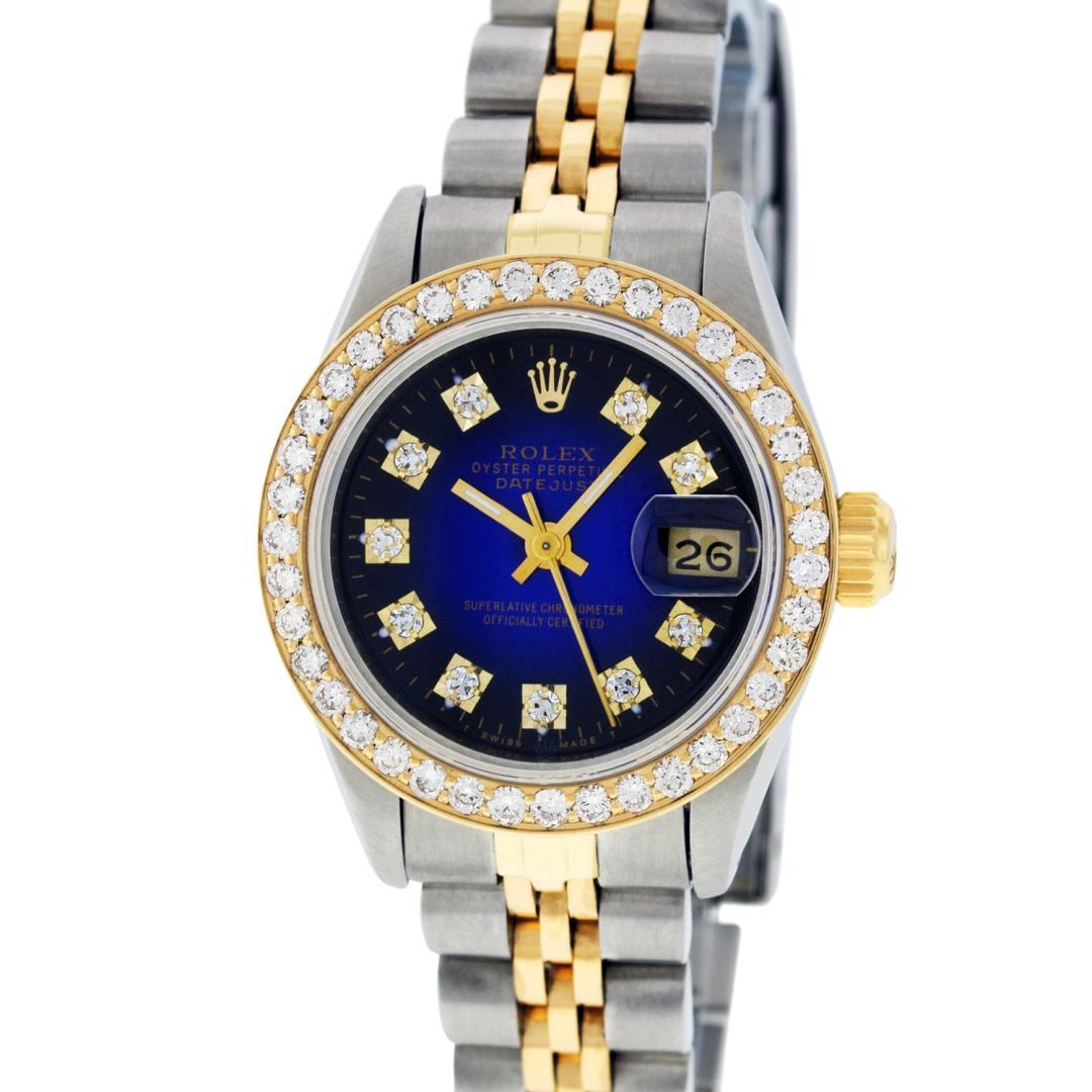 Rolex Ladies Two Tone Quickset Blue Vignette Diamond Datejust Wristwatch 26MM