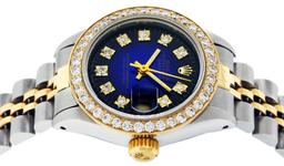 Rolex Ladies Two Tone Quickset Blue Vignette Diamond Datejust Wristwatch 26MM