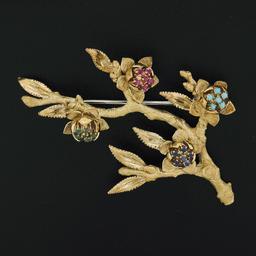 Vintage 18K Gold Ruby Emerald Sapphire & Turquoise Textured Branch Pin Brooch