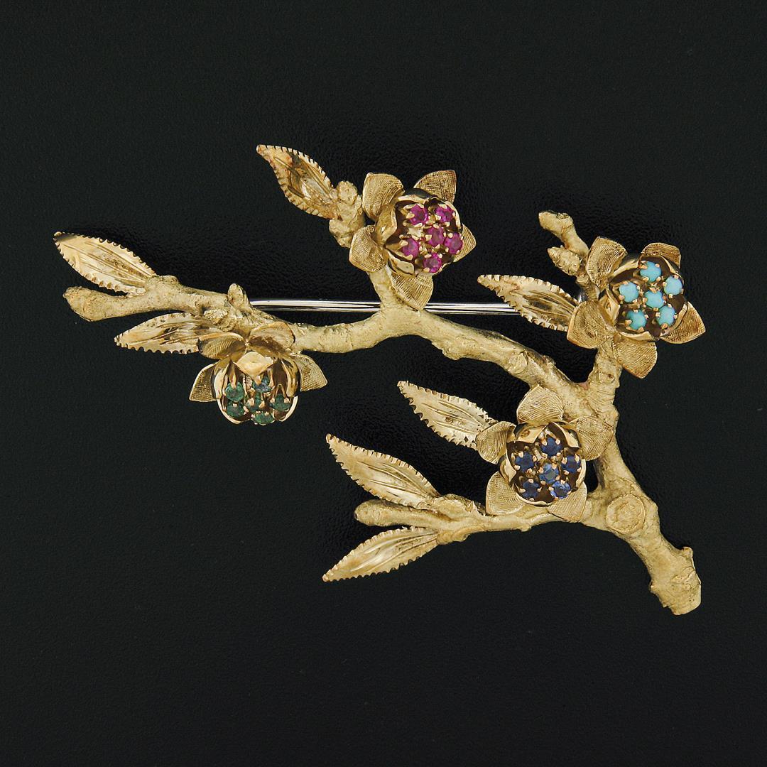 Vintage 18K Gold Ruby Emerald Sapphire & Turquoise Textured Branch Pin Brooch