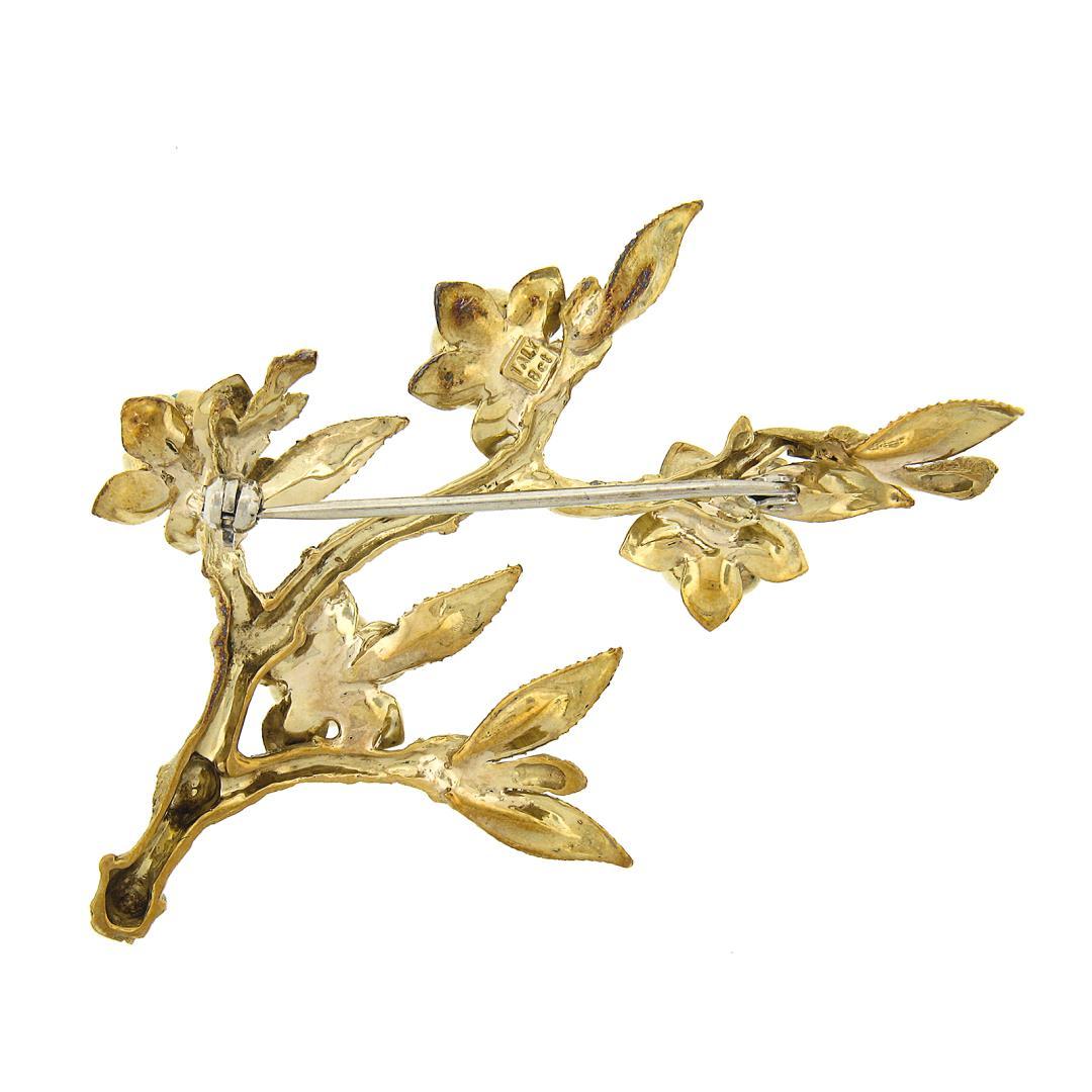 Vintage 18K Gold Ruby Emerald Sapphire & Turquoise Textured Branch Pin Brooch