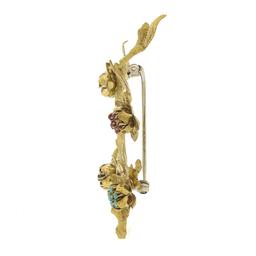 Vintage 18K Gold Ruby Emerald Sapphire & Turquoise Textured Branch Pin Brooch