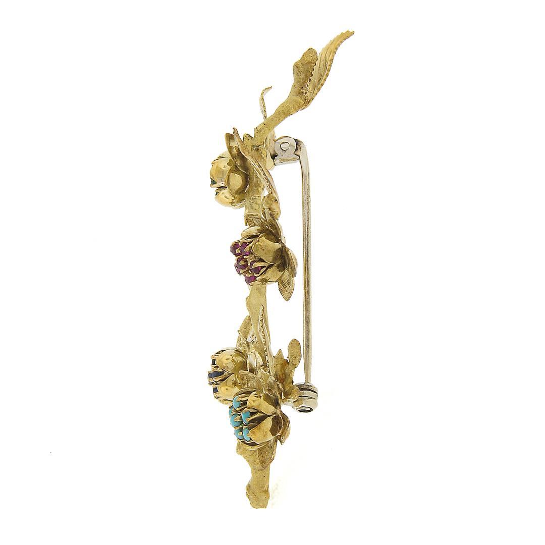 Vintage 18K Gold Ruby Emerald Sapphire & Turquoise Textured Branch Pin Brooch