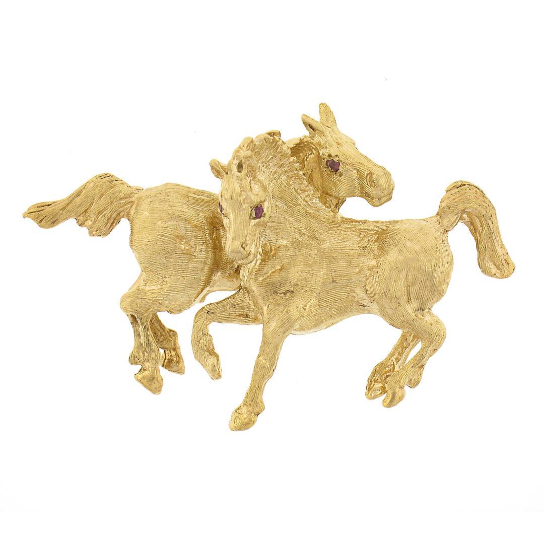 14K Yellow Gold DETAILED Textured 3D Dual Horse w/ Pave Ruby Eyes Pin Brooch