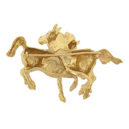 14K Yellow Gold DETAILED Textured 3D Dual Horse w/ Pave Ruby Eyes Pin Brooch