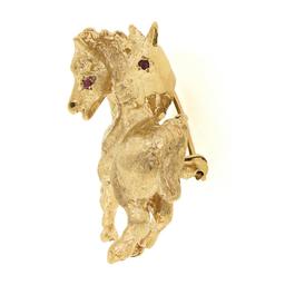 14K Yellow Gold DETAILED Textured 3D Dual Horse w/ Pave Ruby Eyes Pin Brooch