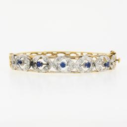Vintage 14K TT Gold 1.50 ctw Diamond & Sapphire Open Flower Hinged Bangle Bracel