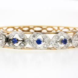 Vintage 14K TT Gold 1.50 ctw Diamond & Sapphire Open Flower Hinged Bangle Bracel