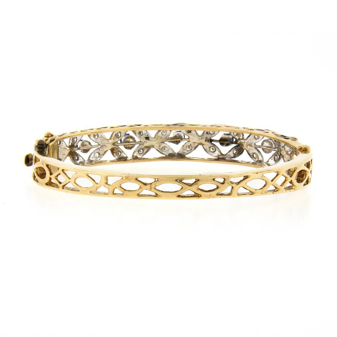 Vintage 14K TT Gold 1.50 ctw Diamond & Sapphire Open Flower Hinged Bangle Bracel