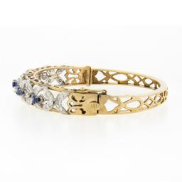 Vintage 14K TT Gold 1.50 ctw Diamond & Sapphire Open Flower Hinged Bangle Bracel