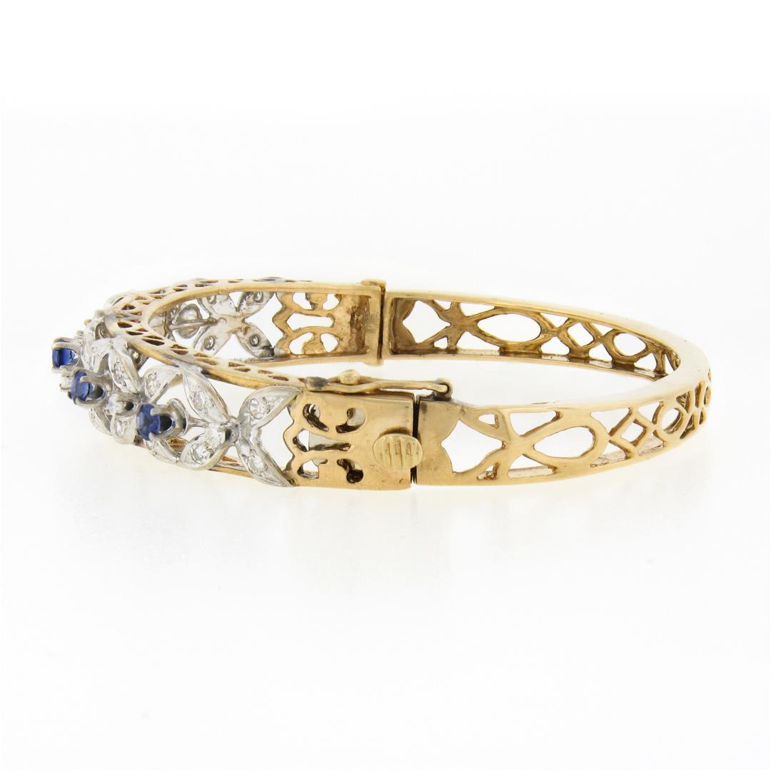 Vintage 14K TT Gold 1.50 ctw Diamond & Sapphire Open Flower Hinged Bangle Bracel