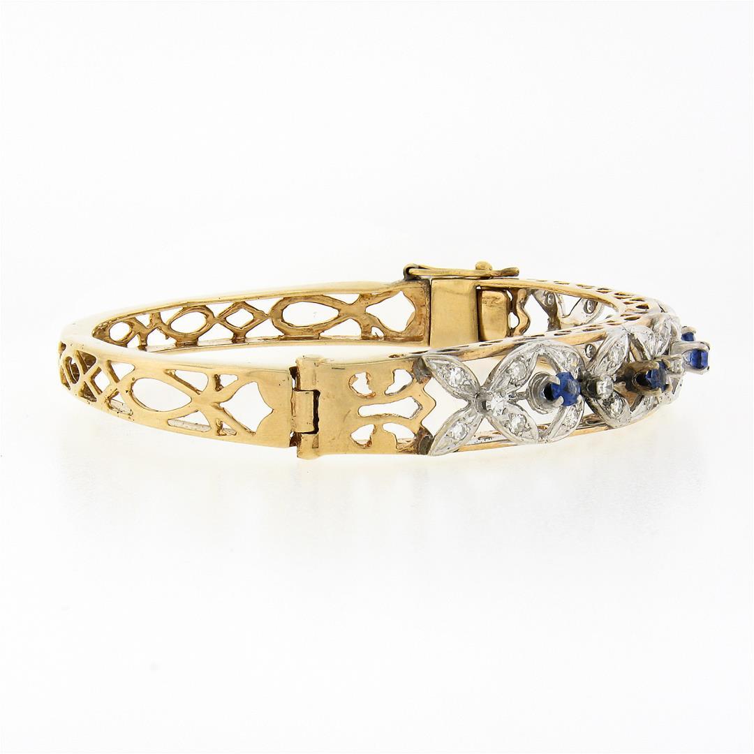 Vintage 14K TT Gold 1.50 ctw Diamond & Sapphire Open Flower Hinged Bangle Bracel