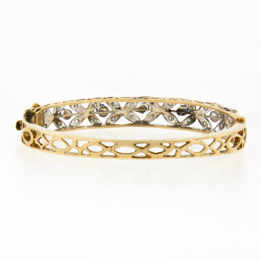 Vintage 14K TT Gold 1.50 ctw Diamond & Sapphire Open Flower Hinged Bangle Bracel