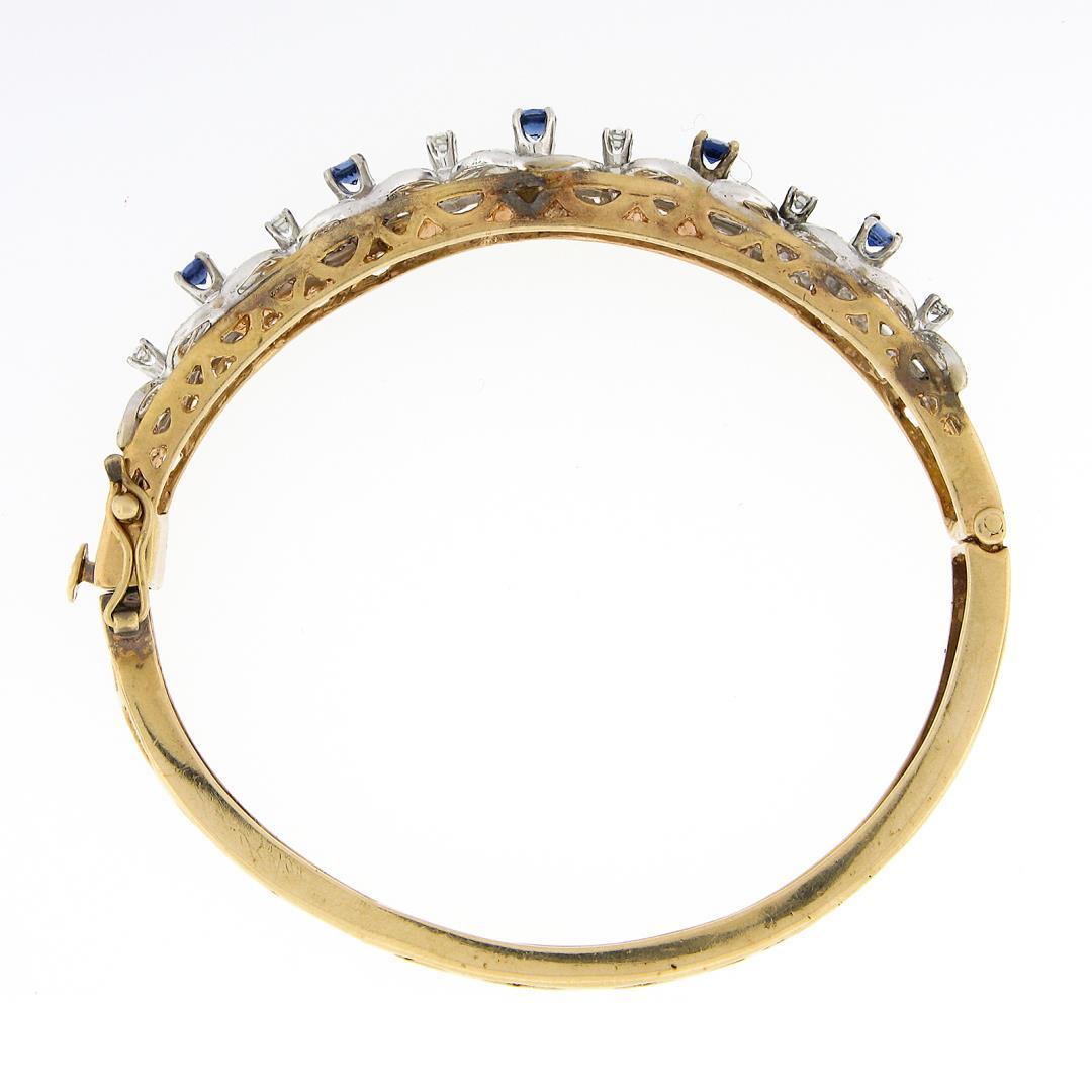 Vintage 14K TT Gold 1.50 ctw Diamond & Sapphire Open Flower Hinged Bangle Bracel